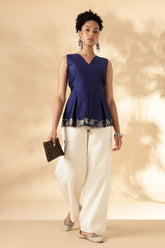 Silk x Cotton Blue Layered fitted top with Kalamkari borders