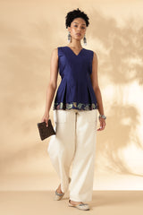 Silk x Cotton Blue Layered fitted top with Kalamkari borders