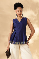 Silk x Cotton Blue Layered fitted top with Kalamkari borders