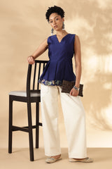 Silk x Cotton Blue Layered fitted top with Kalamkari borders