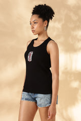 Black Cola Hand embroidered Cotton Tank Top