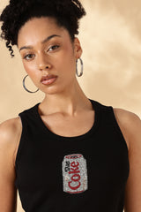 Black Cola Hand embroidered Cotton Tank Top