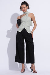 Scarf Neck Linen Tailored Top – Light Green