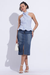 Blue Striped Halter Scarf Cotton Top