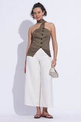 Scarf Neck Tailored Top – Olive Green