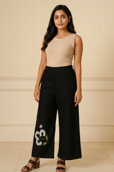 Maba Hand Embroidered Linen Black Trousers