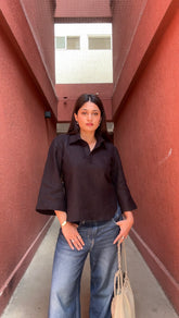 Pure Linen Black Loose fit Polo with 3/4th bell Sleeves