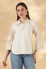 Khadi Style Cream Cotton Polo With 3/4th Hand Embroidered Bell Sleeves