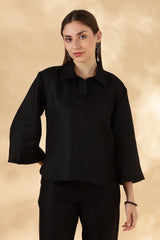 Pure Linen Black Loose fit Polo with 3/4th bell Sleeves