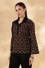 Black Ikkat Cotton Polo with bell sleeves