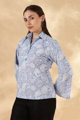 Blue paisley print loose fit Cotton Polo with bell sleeves
