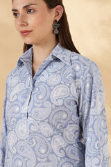 Blue paisley print loose fit Cotton Polo with bell sleeves