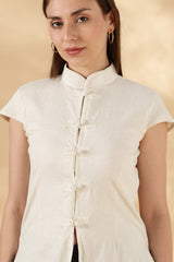 Cream Stretch khadi Mandarin style top