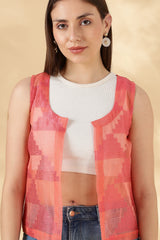 Kota Doria Peach Cover up Sheer Vest