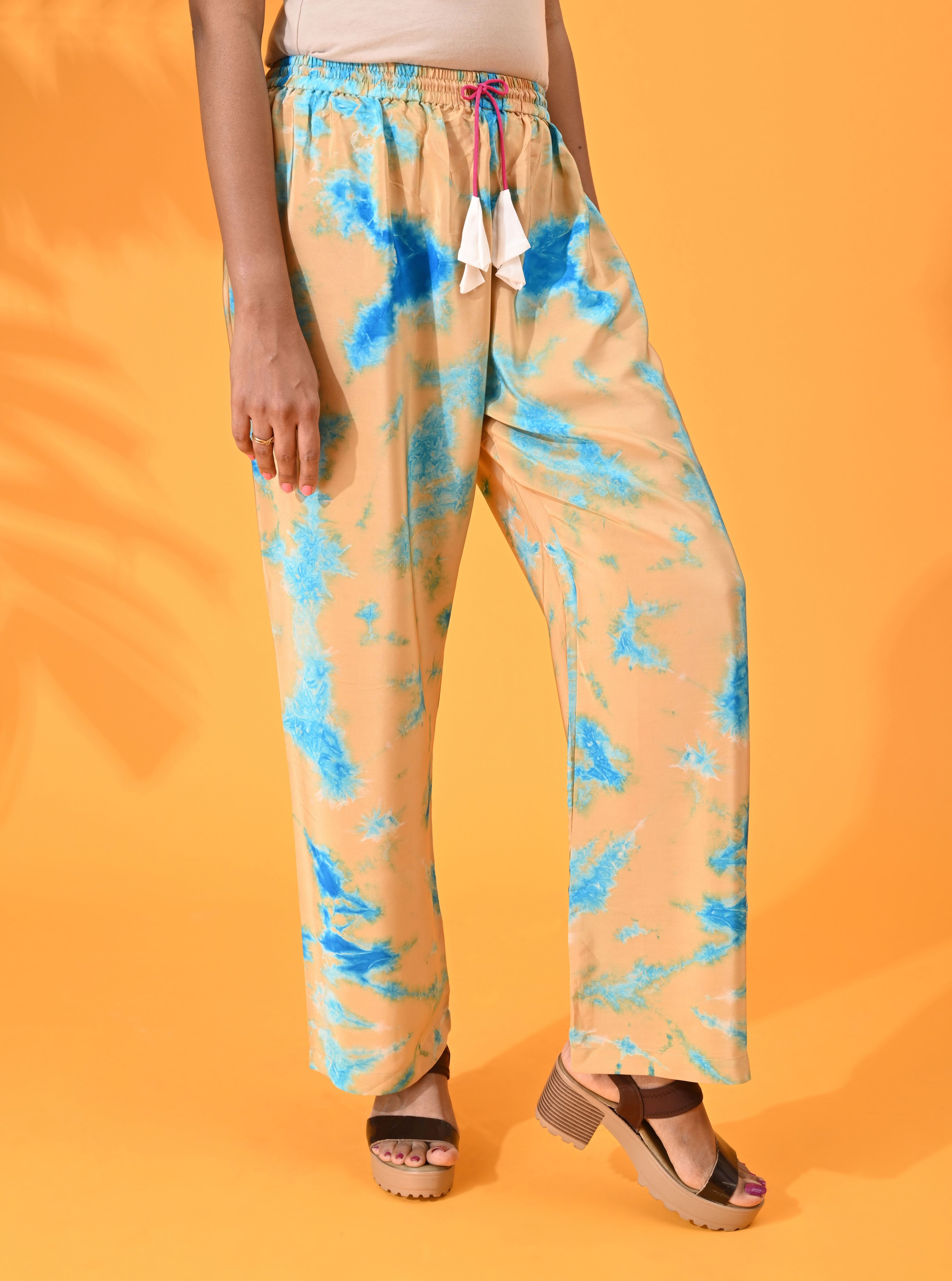 blue, blue pant, blue trouser, blue bottom wear, Mustard, Mustard pant, Mustard trouser, Mustard bottom wear Silk, Silk pant, Silk trouser, Silk bottom wear Pant, Trouser, Casual wear, Bottom Wear, Silk, Tie and dye pants, Elasticated