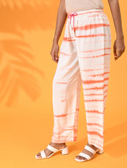 Orange, Orange pant, Orange trouser, Orange bottom wear, White, White pant, White trouser, White bottom wear Silk, Silk pant, Silk trouser, Silk bottom wear Pant, Trouser, Casual wear, Bottom Wear, Shibori Print.