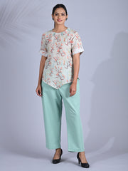 Maba Pure linen Floral print Mint Green Co-ord Set