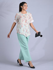 Maba Pure linen Floral print Mint Green Co-ord Set