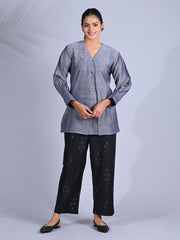 Maba Cotton x Silk V-Neck Powerlook Grey and black Co-ord Set