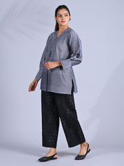 Maba Cotton x Silk V-Neck Powerlook Grey and black Co-ord Set