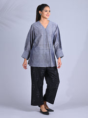 Maba Cotton x Silk V-Neck Powerlook Grey and black Co-ord Set