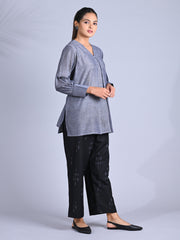 Maba Cotton x Silk V-Neck Powerlook Grey and black Co-ord Set