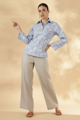 Blue paisley print loose fit Cotton Polo with bell sleeves