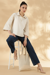 Khadi Style Cream Cotton Polo With 3/4th Hand Embroidered Bell Sleeves