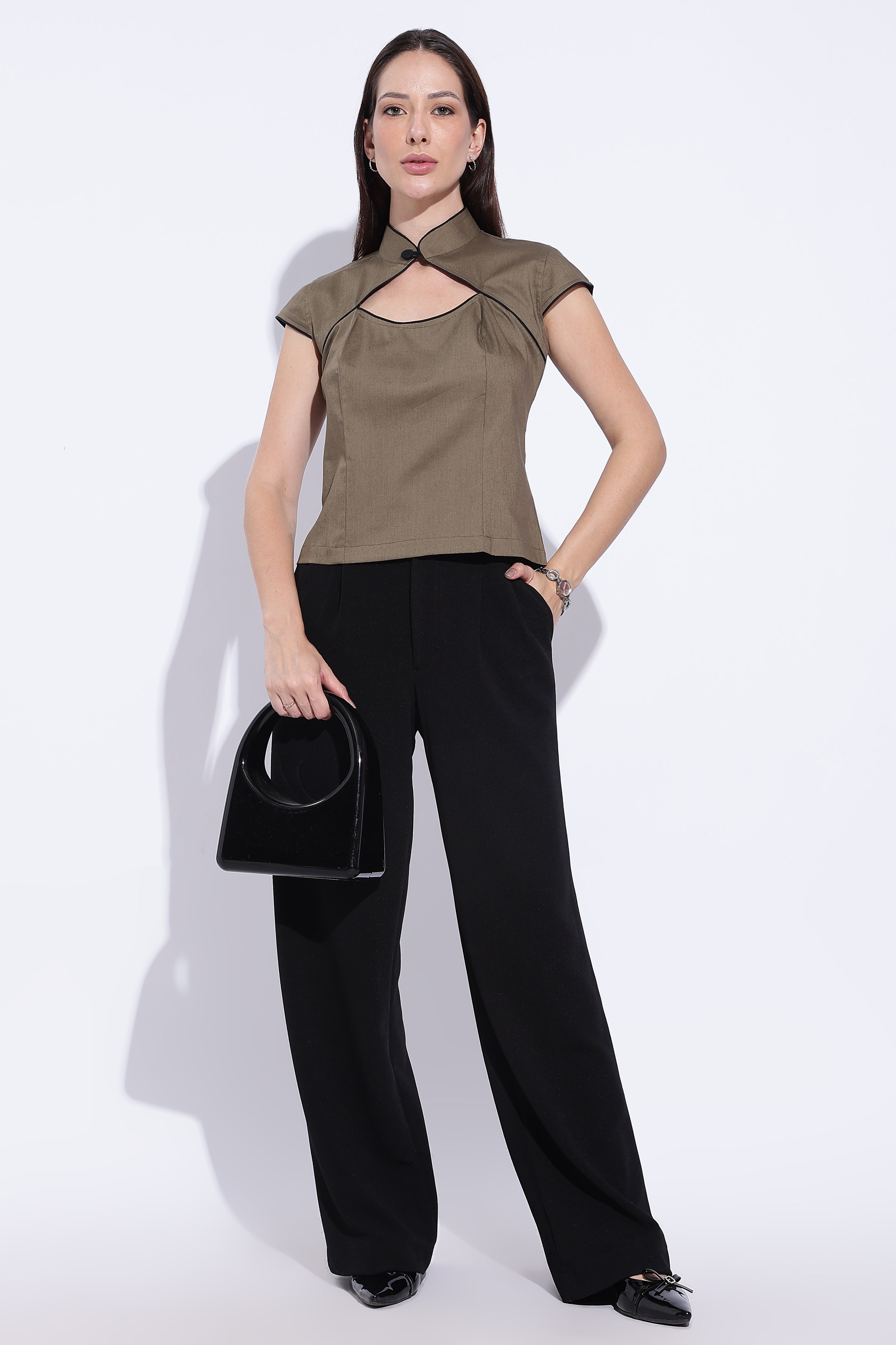 Taupe Crossover Mandarin Top