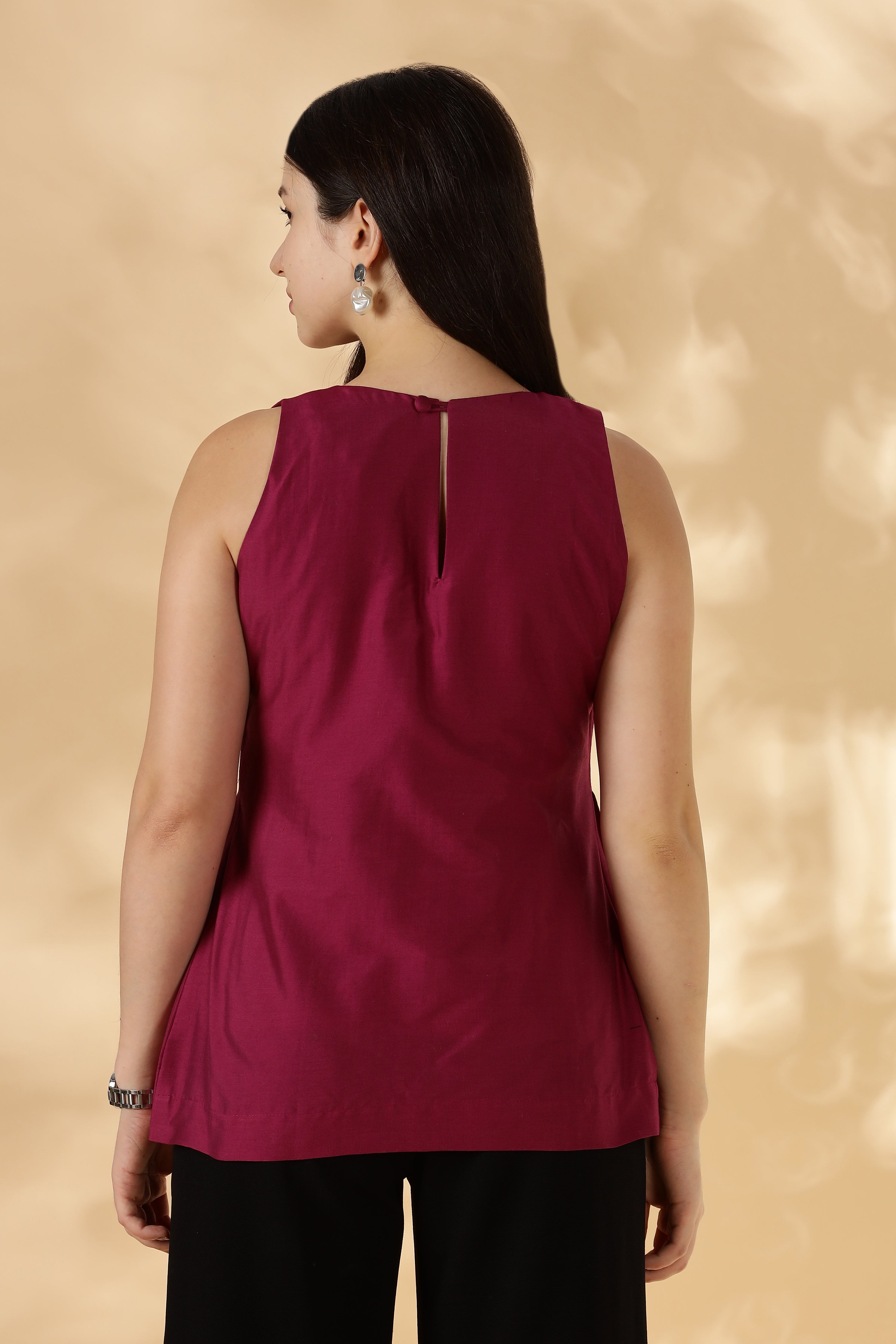 MABA Silk x Cotton Hot Pink Peplum Top with flared opening and pleats ( Made with upcycled Saree fabric )