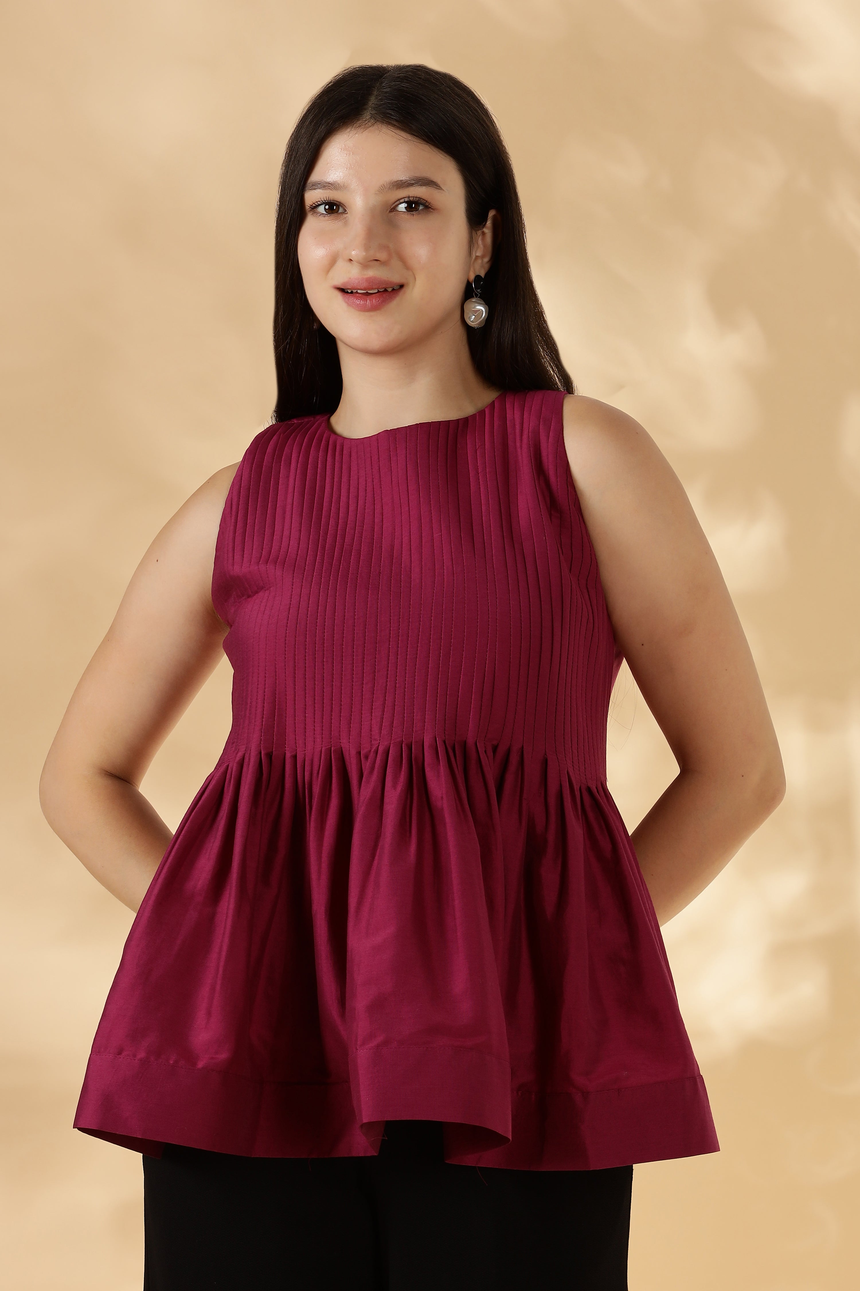 MABA Silk x Cotton Hot Pink Peplum Top with flared opening and pleats ( Made with upcycled Saree fabric )
