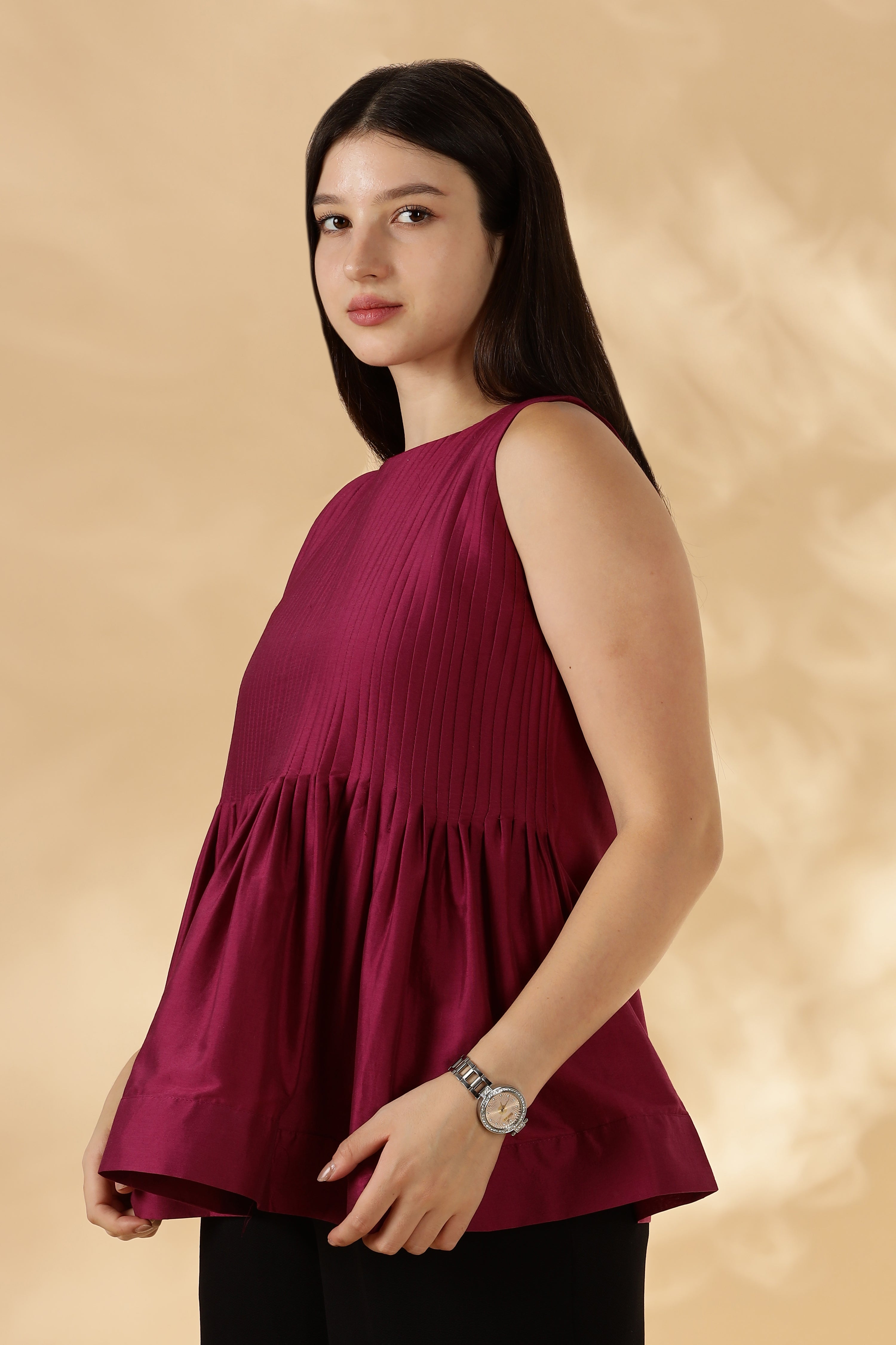 MABA Silk x Cotton Hot Pink Peplum Top with flared opening and pleats ( Made with upcycled Saree fabric )