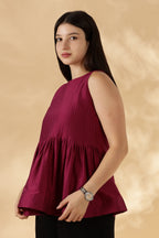 MABA Silk x Cotton Hot Pink Peplum Top with flared opening and pleats ( Made with upcycled Saree fabric )