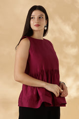 MABA Silk x Cotton Hot Pink Peplum Top with flared opening and pleats ( Made with upcycled Saree fabric )