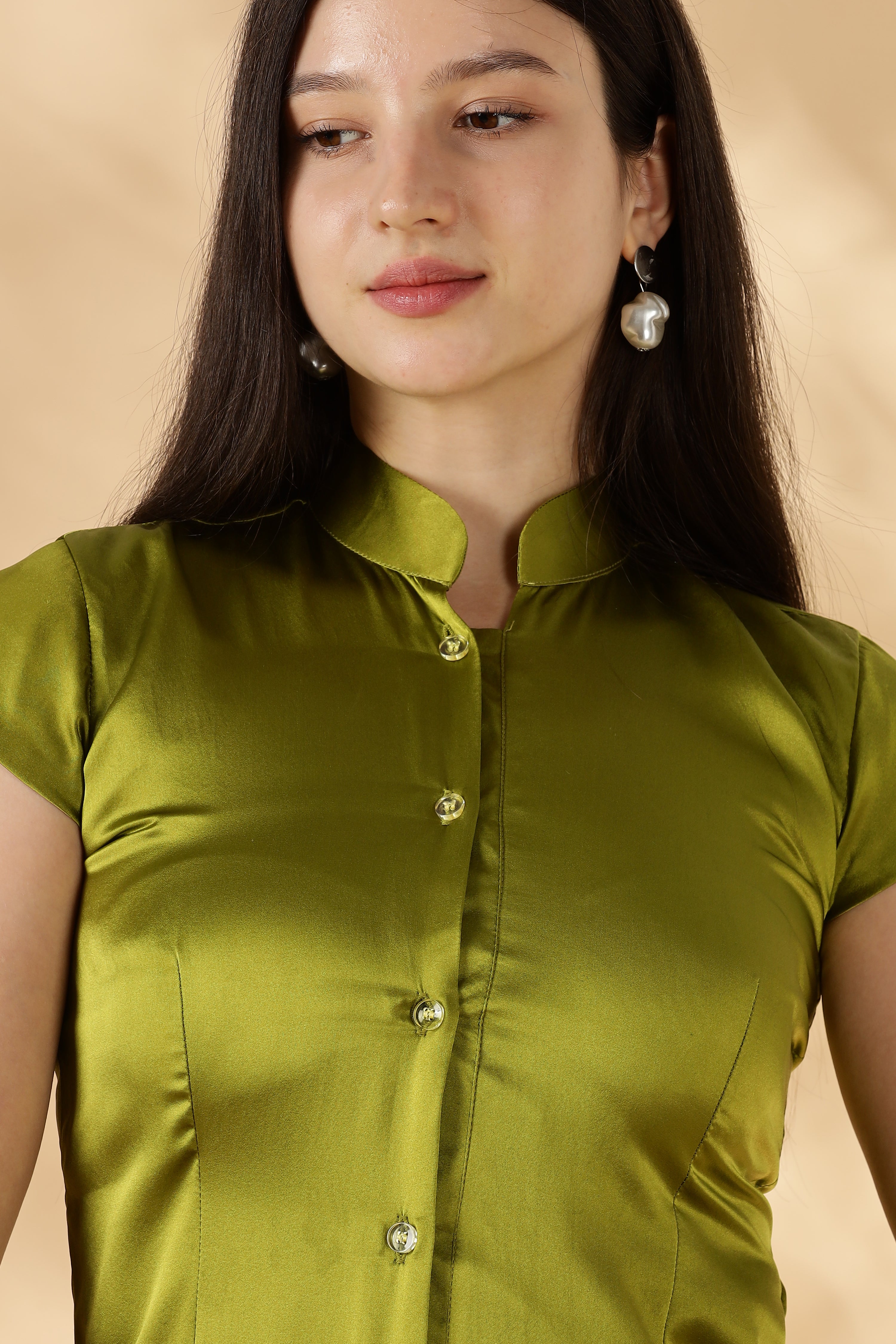 100% Silk Satin Green Cheongsam style top ( Upcycled Saree Fabric )