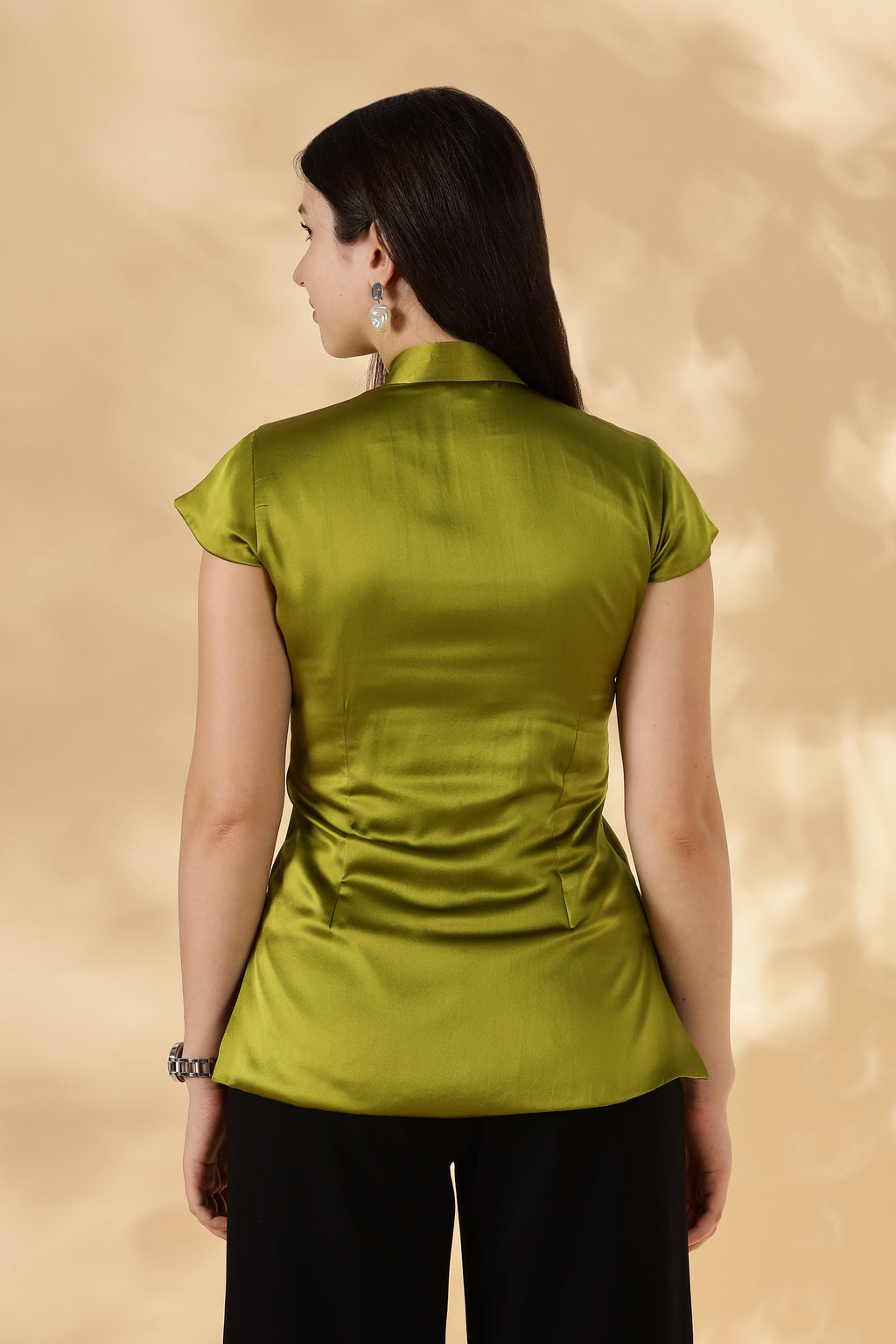 100% Silk Satin Green Cheongsam style top ( Upcycled Saree Fabric )