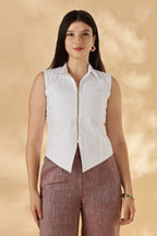 White collared formal Cotton zipper sleeveless vest