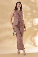 Handwoven Linen Salmon Red collared Waist Coat