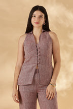 100% Handwoven Linen Salmon Red collared Waist Coat