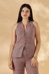 Handwoven Linen Salmon Red collared Waist Coat