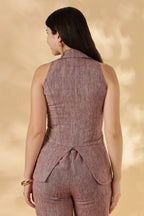 100% Handwoven Linen Salmon Red collared Waist Coat