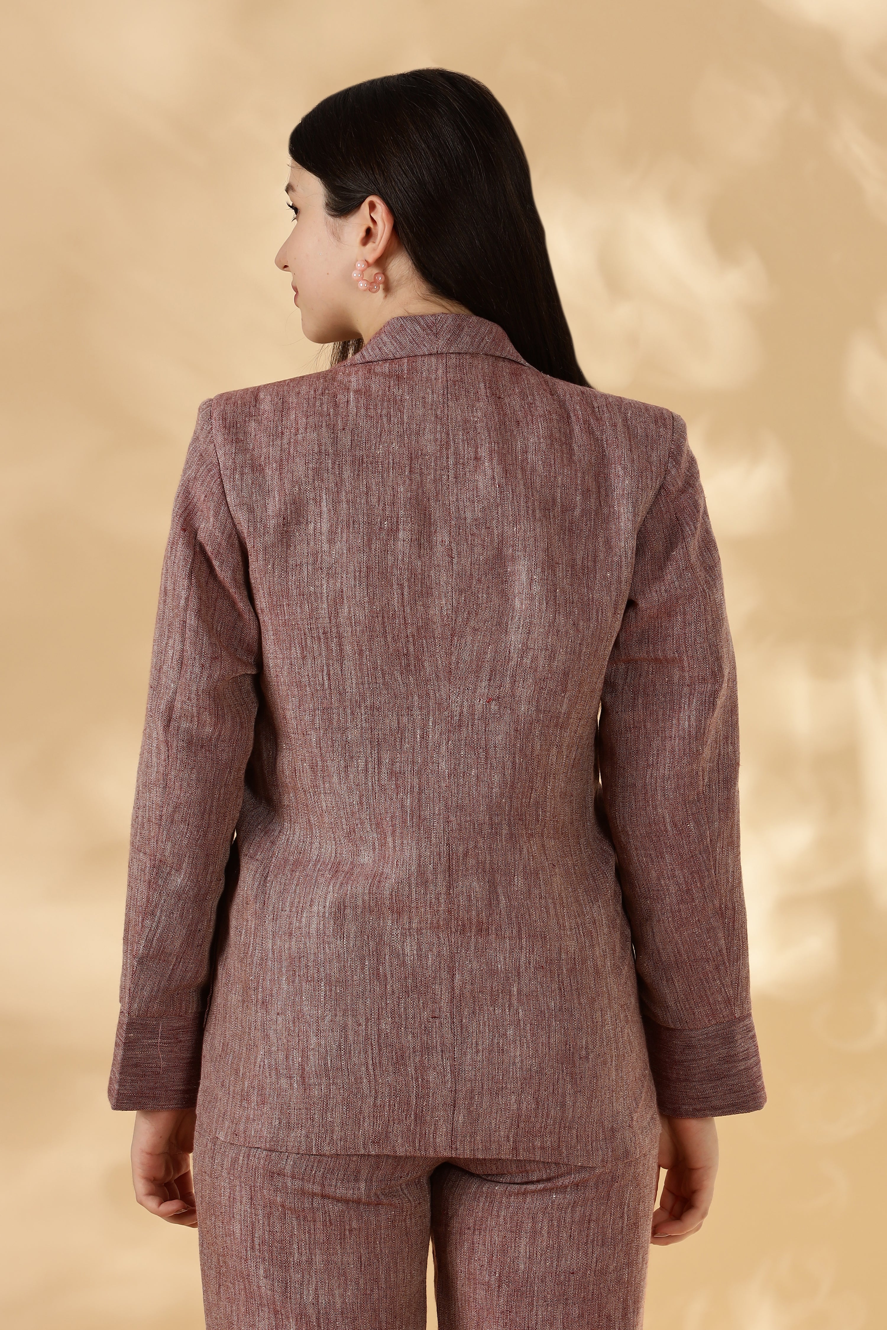Handwoven Linen Salmon Red collared Blazer