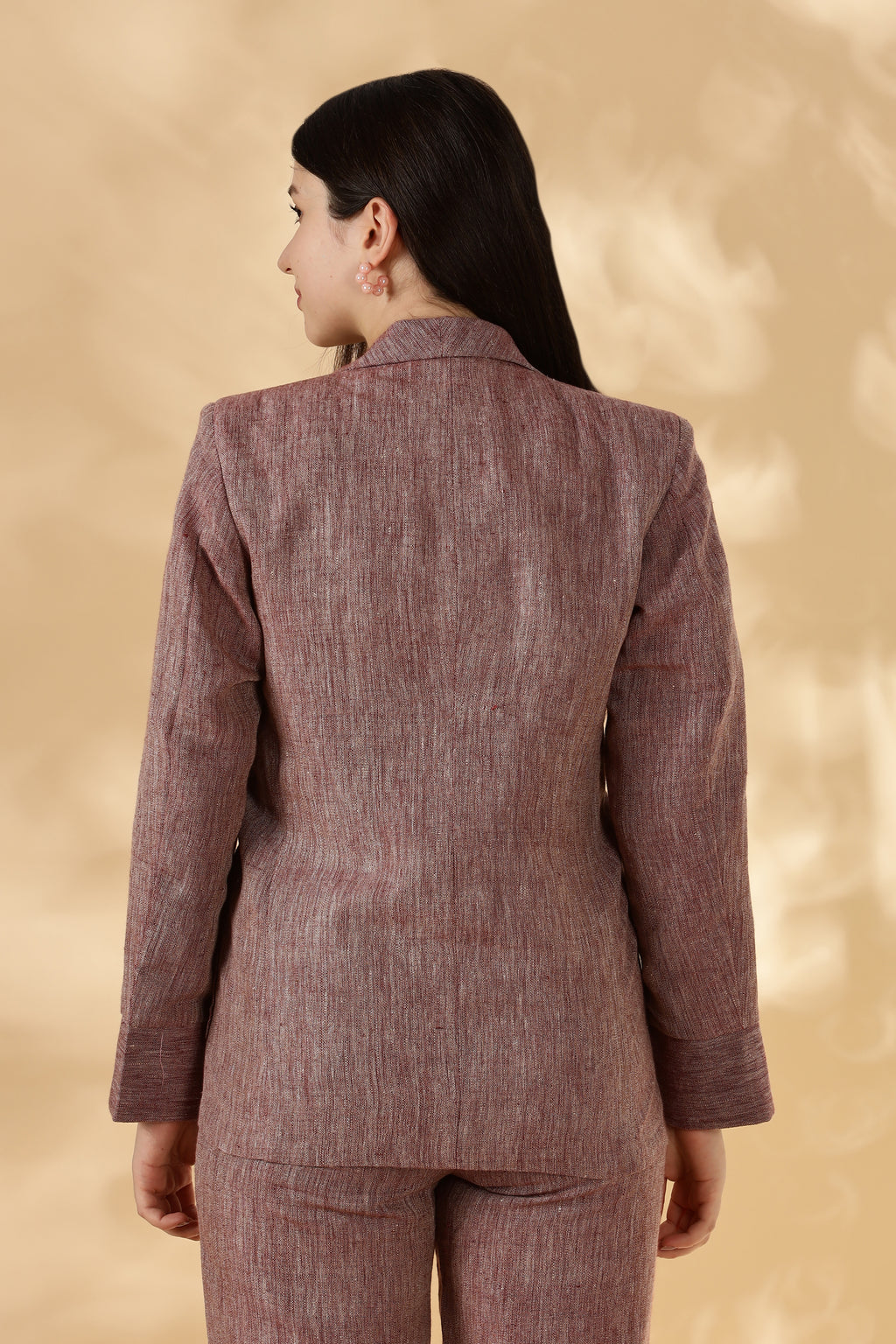 Handwoven Linen Salmon Red collared Blazer