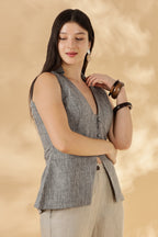 Handwoven Linen Grey collared Waist Coat with Pads