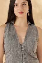 Handwoven Linen Grey collared Waist Coat with Pads