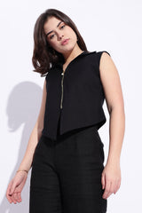 Black pure cotton collared formal zipper sleeveless vest