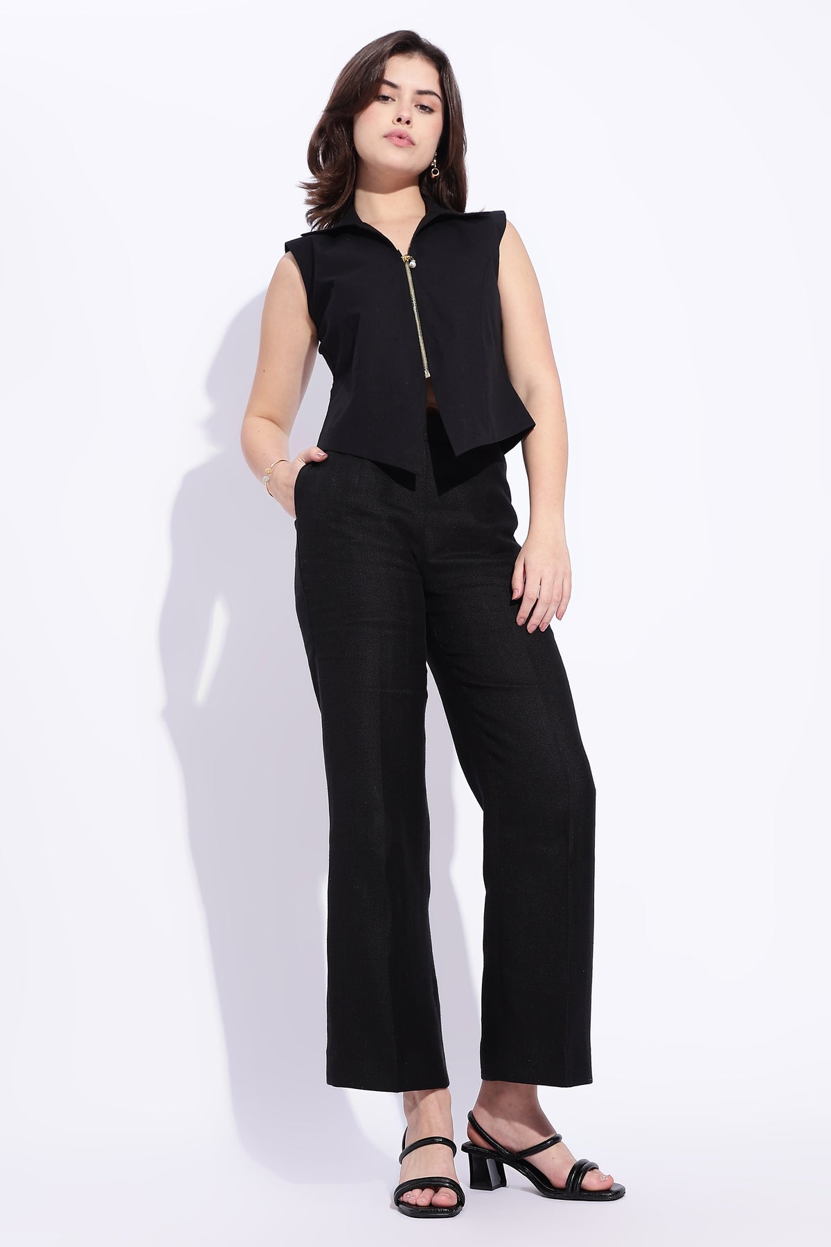 Black pure cotton collared formal zipper sleeveless vest