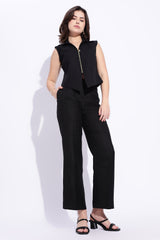 Black pure cotton collared formal zipper sleeveless vest