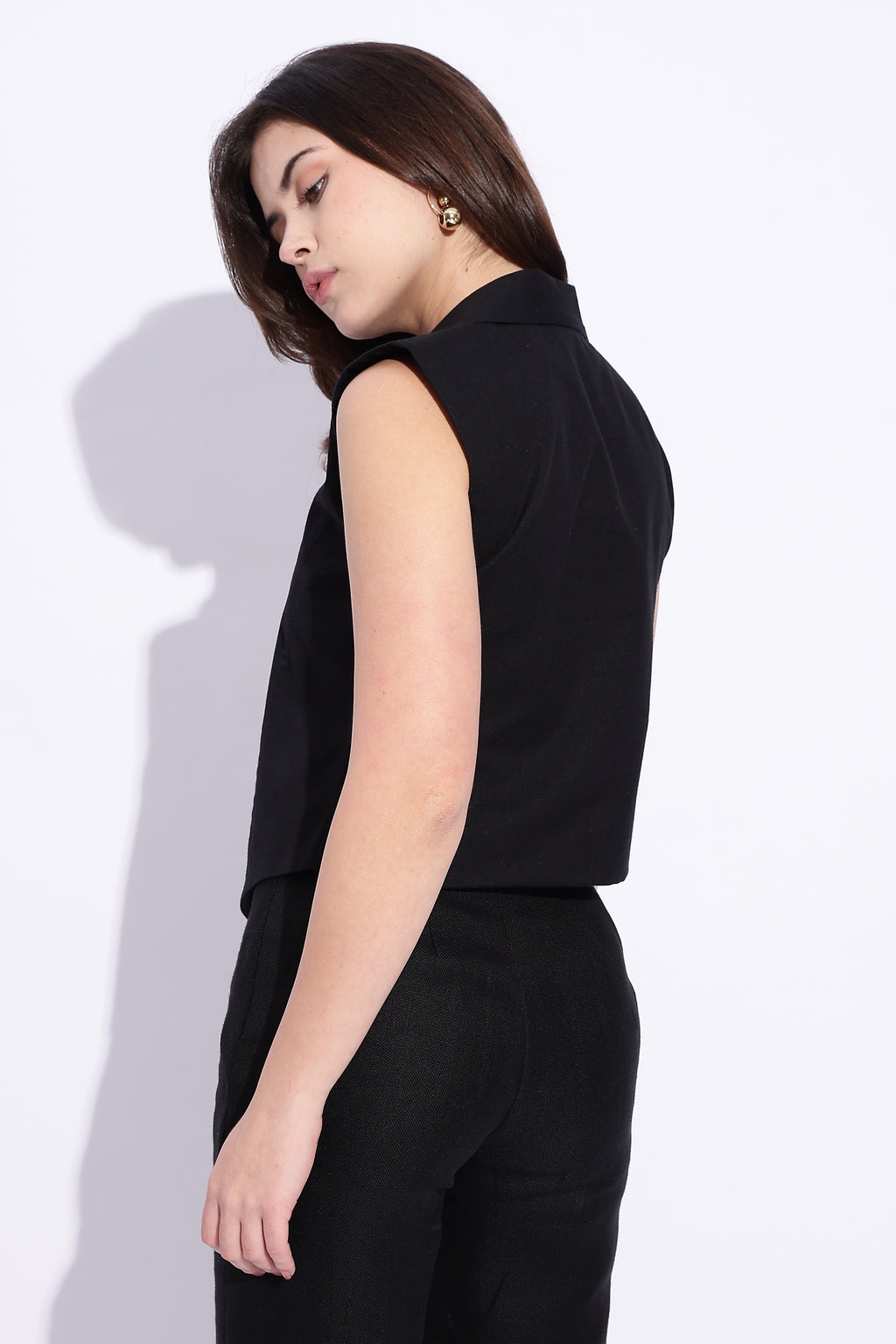 Black pure cotton collared formal zipper sleeveless vest