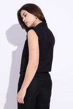 Black pure cotton collared formal zipper sleeveless vest